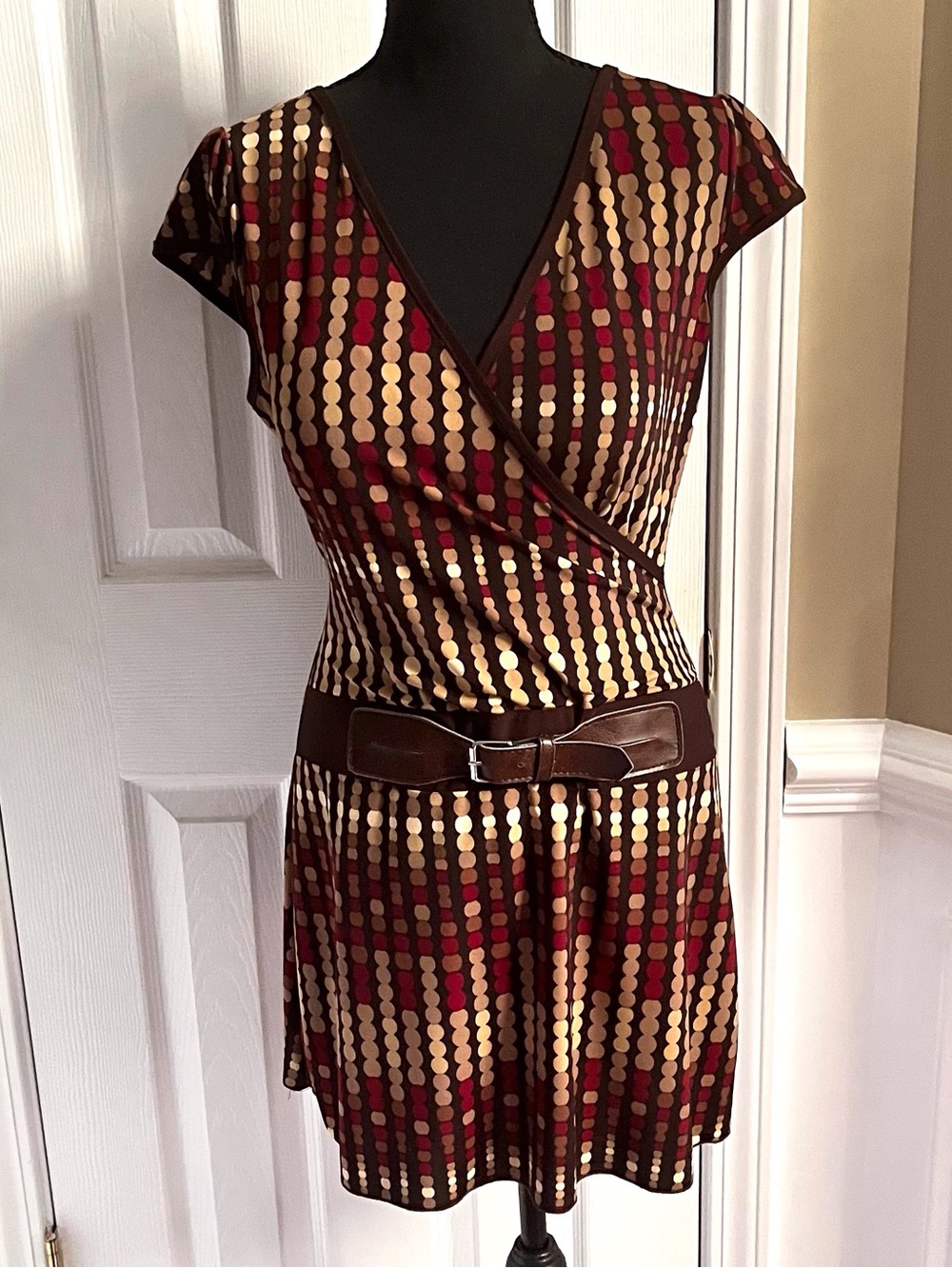 Vintage Wet Seal Faux Belted Geometric Pattern Wrap Neckline Mini Dress - Large